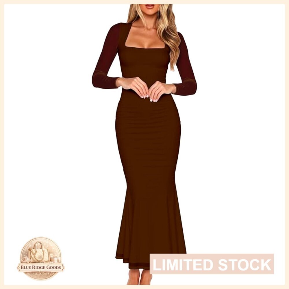 Ruched Bodycon Maxi Dress Long Sleeve Mesh Square Neck Formal Elegant